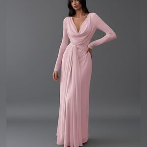 Deep Draped Neck Long Sleeve Fitted Sheer Dress Pink
